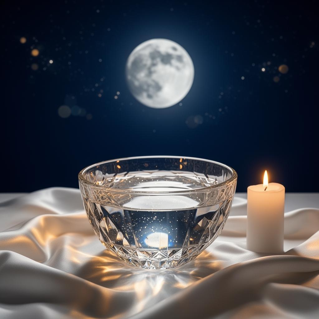 Cuenco de cristal con Agua de Luna y vela bajo la Luna Llena
